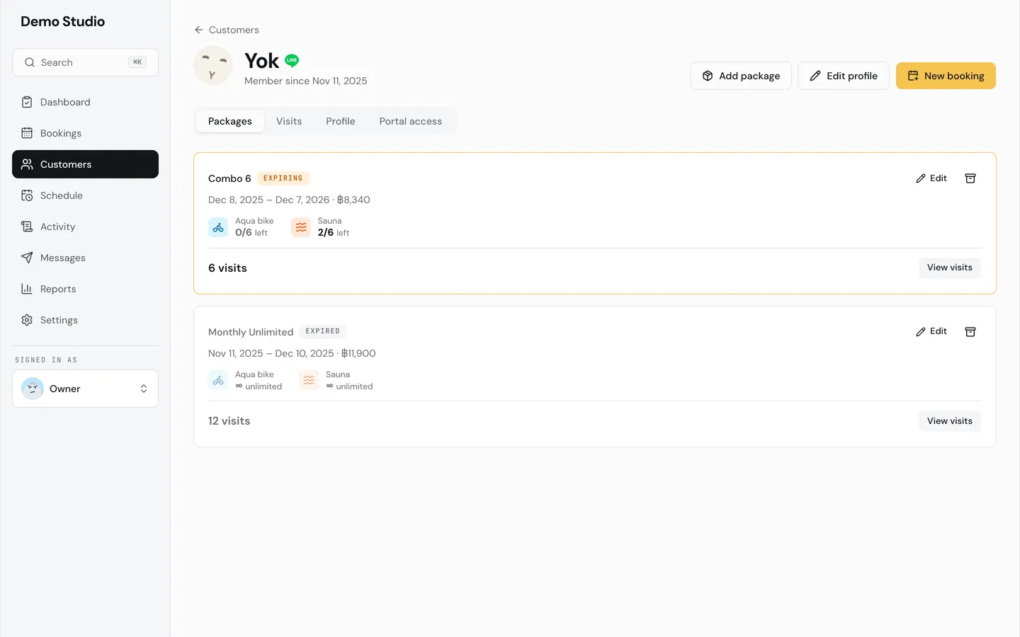A member's profile with their packages and visits.