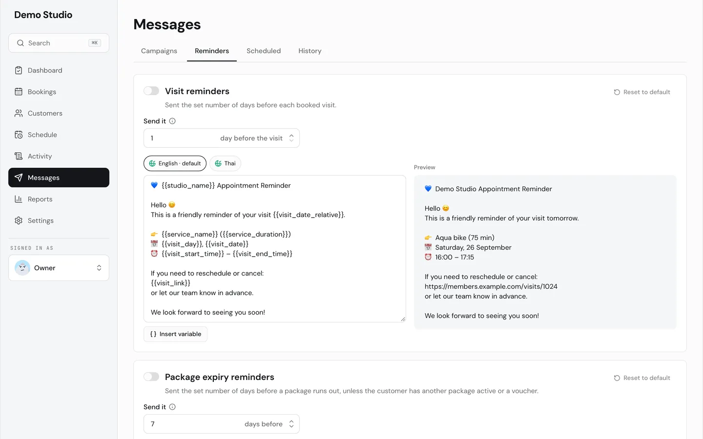Reminder templates in English and Thai with a preview.